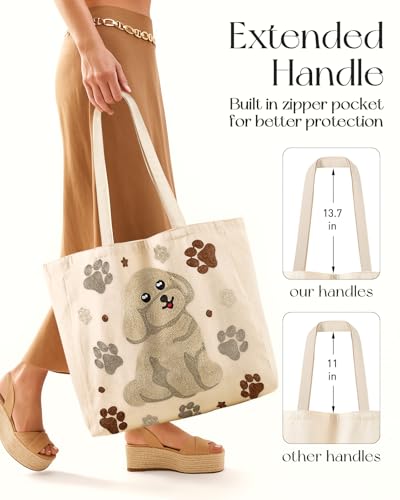 Miss Adola Embroidery Tote Bag with Pocket & Buckle - Reusable Canvas Tote for Women Cute Aesthetic Work Shopping Grocery Bag - style: Dog