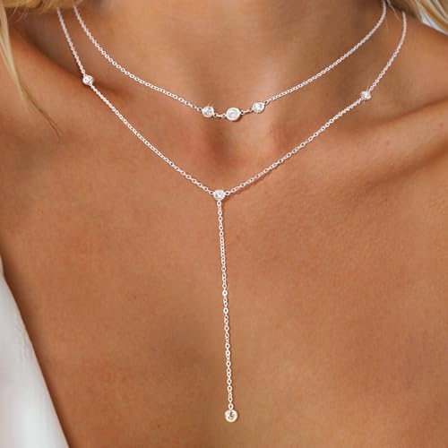 DALI Long Gold Necklaces for Women, Dainty Layered Sterling Silver Plated Y Shaped Necklace Stack Non Tarnish Cross CZ Pendant Long Chain Choker Adjustable Necklaces Jewelry for Vacation Christmas - color: Silver CZ Long Necklace