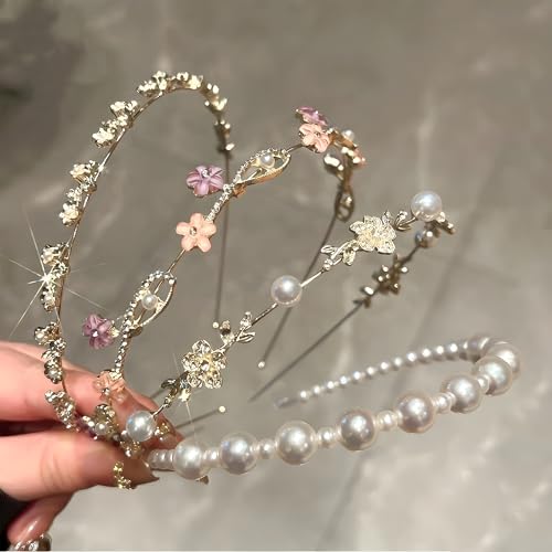 4 Pcs Metal Pearl Headbands for Women, Thin Metal Rhinestone Floral Hair Bands, Elegant Crystal Flower Sparkly Hair Hoops, Fairycore Bridal Wedding Hair Accessories Set for Girls - color: Flower Metal