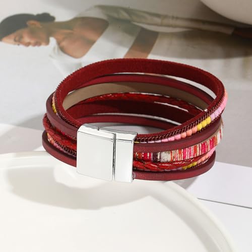 VIBILIA Boho Leather Wrap Bracelets for Women Multi-Layer Bracelets with Strong Clasp Jewelry for Women - color: 03-BohoBraid-Red