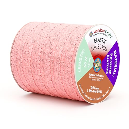 Mandala Crafts Pink Stretch Lace Soft Elastic Trim Roll - 55 Yards 1 Inch Wide Stretchy Frilly Picot Ribbon for Sewing Lingerie, Headbands, Underwear, and Crafts - color: Pink