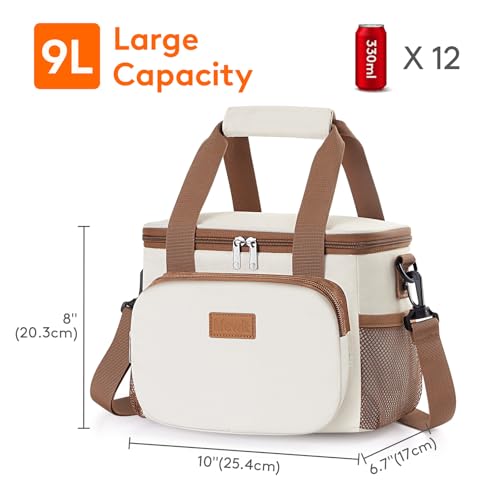 Lifewit Medium Lunch Bag, Insulated Lunch Box, Soft Cooler Cooling Tote for Adult Men Women, Beige 12-Can (9L) - color: Cream, size: Medium(9L)