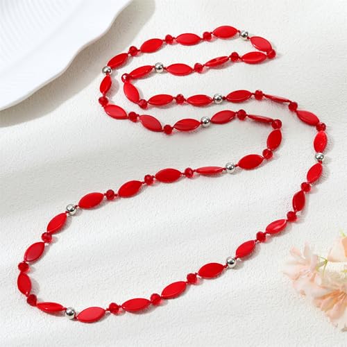 Long 48" Beaded Necklace for Women Boho Knot Strand Chunky Shell Crystal Beads Fashion Costume Jewelry for Gifts - color: Red