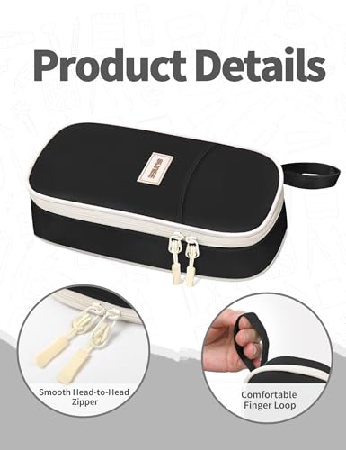 SUNEE Cute Pencil Case, Aesthetic Pen Pouch, Colored Large Pencil Bag with Zipper, Kawaii Stationery Storage and Organizer, School Supplies for Teen and Adult Girls, Black - color: Black