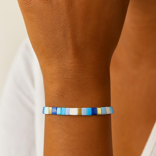 Tila Flat Beaded Stretch Bracelet for Women,Bohemian Friendship Bead Bracelets Handmade Stack Boho Jewelry Accessory for Everyday Wear, Vacation and Friend Gifts - color: blue-02