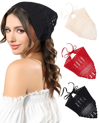 AWAYTR Crochet Head Scarf Hair Bandanas Women Knit Bandana Headband Scarf Tie-Back Head Coverings Floral Headscarf - color: Solid Color - Black + Beige + Red