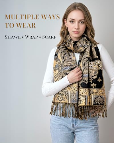 Achillea Elegant Paisley Floral Pashmina Shawl and Wrap – Boho Rave Scarf for Festival, Travel & Everyday Wear - color: Black White