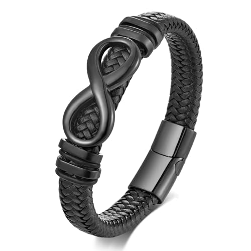 Men's Leather Infinity Bracelet Stainless Steel Number 8 Wristband Cuff Bangle Bracelets Gifts for Men, 8.3 & 9.1 inches - color: 01.Single-layers leather & black infinity, size: 8.3inch(Fits most wrists.)
