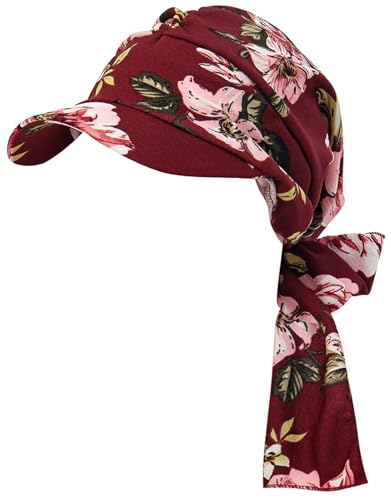 XYIYI Chemo Headwear for Womens Cancer Patients, Head Scarf Chemotherapy Headwraps Hat - color: Wine Red Flowers