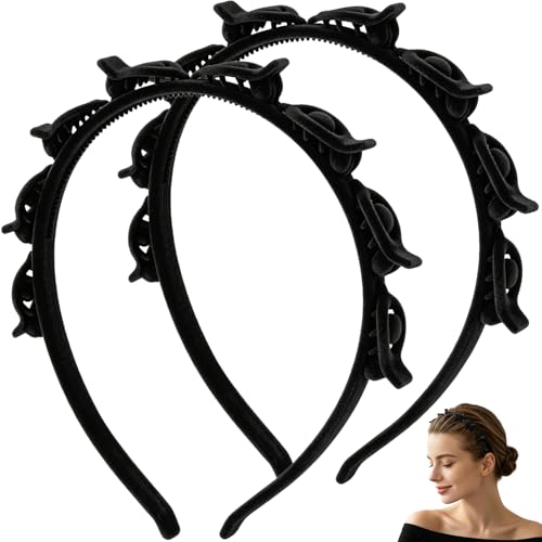 2 Pcs Headband with Clips, 90s Butterfly Hair Clips Headband with Teeth for Women, Braided Weave Bangs Non-Slip Clip Headbands Hair Accessories for Styling Decoration- Flocked Black - color: 2pcs,Black(Flocked)