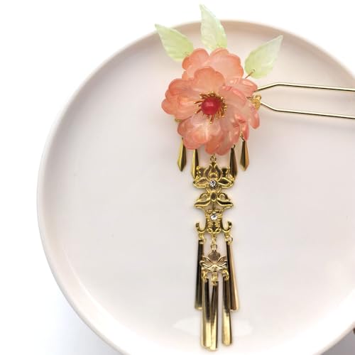Pink Peony Resin Hairpin with Elegant Tassel - Chinese Hanfu Vintage Floral Hair Stick for Women, Romantic Hair Accessory (Pink Peony) - color: Pink Peony