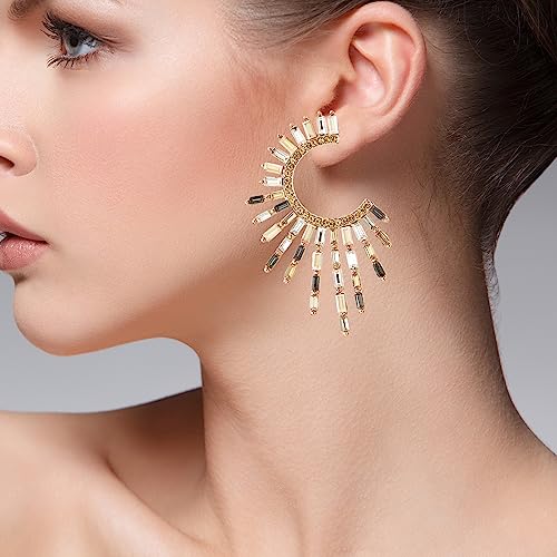Women's Gold-Tone Crystal Fringe Hoop Earrings, Sunburst Crescent Baguette Crystal and Rhinestone Statement Jewelry