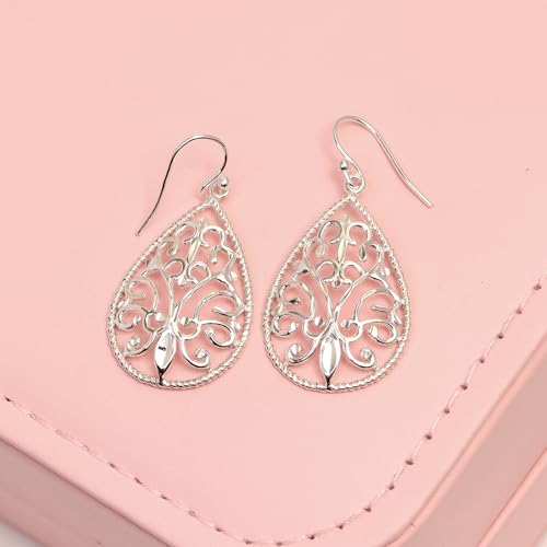 LeCalla Sterling Silver Dangle Earrings for Women | 925 Sterling Silver Long Interlocked Handmade Textured Drop Earring for Women - color: Filigree Teardrop