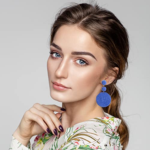 Boho Raffia Ball Earrings for Women, Handmade Statement Drop Earrings Straw Dangle Earrings Beach Vacation Jewelry - color: Royal blue