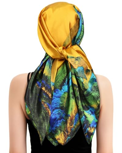 Satin Silk Press Scarf - 2 in 1 Wrap Cap with Built-In Hair Net Scarf, Soft Headband Hair Net Warp Cap for Women, Shower cap - color: Endless Landscape