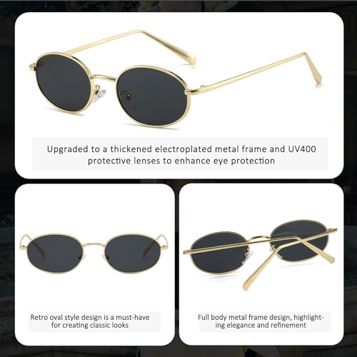 Retro Oval Sunglasses for Women Men 90s Trendy Small Round Gold Sun Glasses Fashion Narrow Metal Frame Shades - color: A1 Gold/Grey