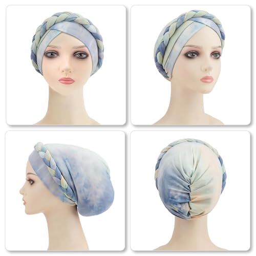 DRESHOW Turban Pre-Tied Twisted Hat Thread African Head Wraps for Black Women Chemo Cancer Cap Braid Hair Cover - color: 1 Pack Tie-dye Gradient: Light Teal
