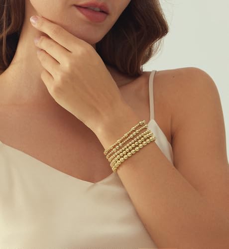 Gold Beaded Bracelets for Women, 14K Real Gold Plated Jewelry for Women Dainty Pearl Bead Bracelets Stack, Non Tarnish Trendy Stackable Ball Cross Stretch Bracelet Set Fashion Accessories Gifts - color: 5 PCS gold bead