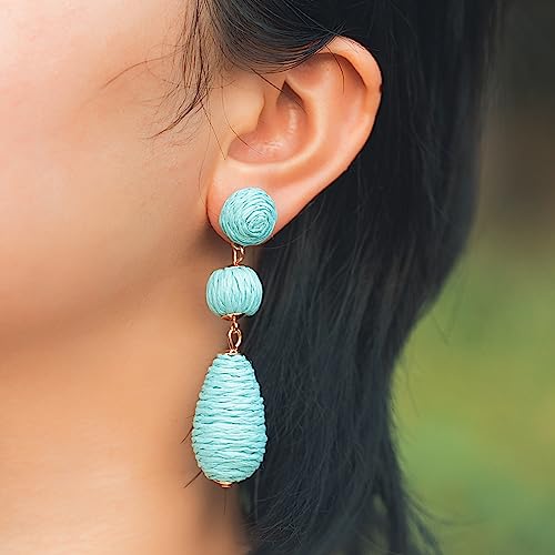 Boho Raffia Earrings Statement Dangle Earrings Cute Teardrop Ball Earrings Colorful Summer Jewelry Handmade Rattan Earrings for Women - color: Lime Green