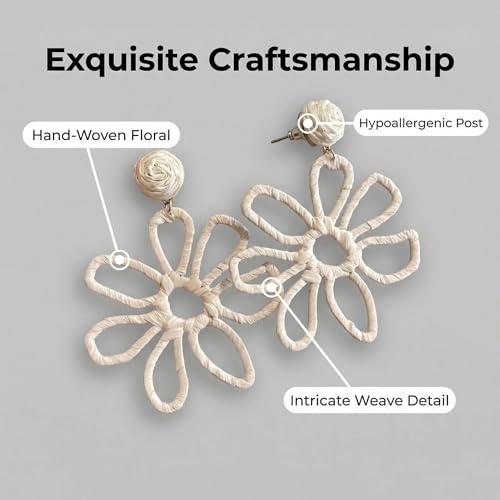 Woven Raffia Rattan Earrings for Women, Boho Flower Hoop & Drop Dangle Earrings Collection, Handmade Summer Beach Vacation Statement Earrings for Party Daily Wear - color: Raffia Flower Stud