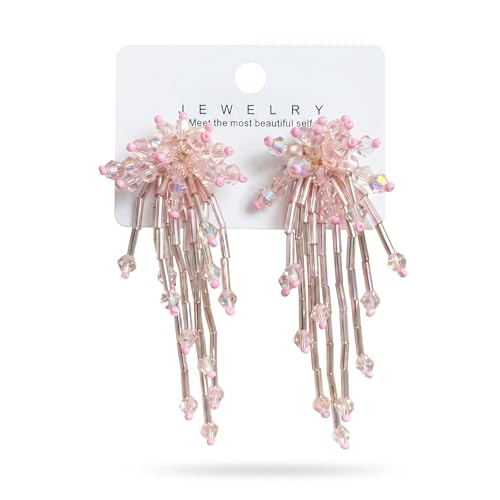Native Beaded Tassel Earrings Boho,Fringe Drop Statement Seed Bead Tribal Dangle Earrings for Women - color: pink
