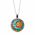 1pc Stunning Round Pendant Necklace - Unique Sun & Moon Pattern, Oil Painting Style Glass Mosaic, Alloy Construction, Trendy Sweater Chain, Fashionable Gift for Women - Christmas or Birthday Gift - color: Orange Sun/Blue Moon (Silver)