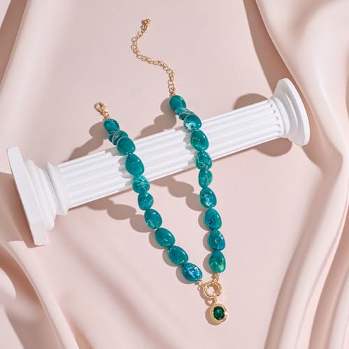 Multicolor Irregular Beaded Necklace for Women Chunky Resin Oval Bead Choker with Cubic Zirconia Pendant Summer Beach Mothers Day Gifts - color: XL23350B