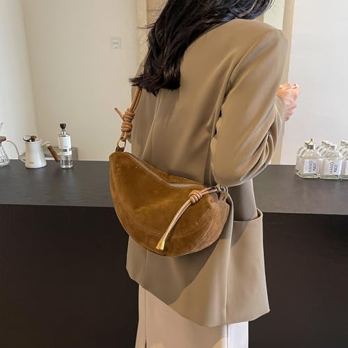 Suede Bags for Women Small Suede Purses Crescent Bag Crossbody Shoulder Bag Trendy Tote Handbags - color: B Suede Brown