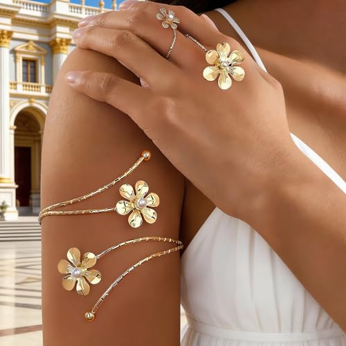 Gold Arm Cuff with Ring, 2 Pcs Open Upper Arm Bracelet and Ring with Rhinestones, Adjustable Metal Armband Jewelry Set - color: Flower
