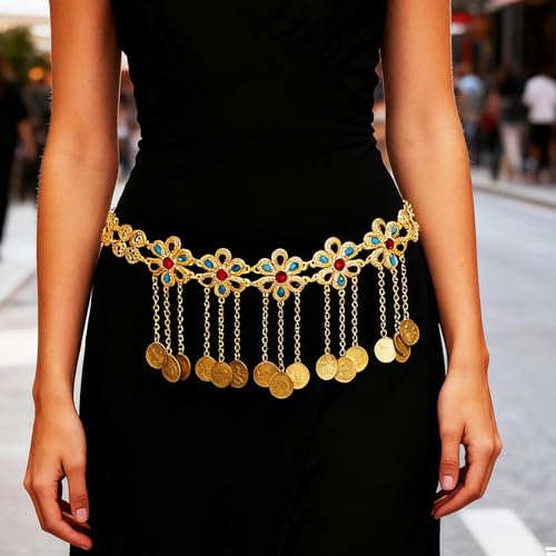 ELABEST Gold Waist Chain Rhinestone Belly Dance Chain Crystal Tassel Dance Jewelry for Women - style: Gold-C