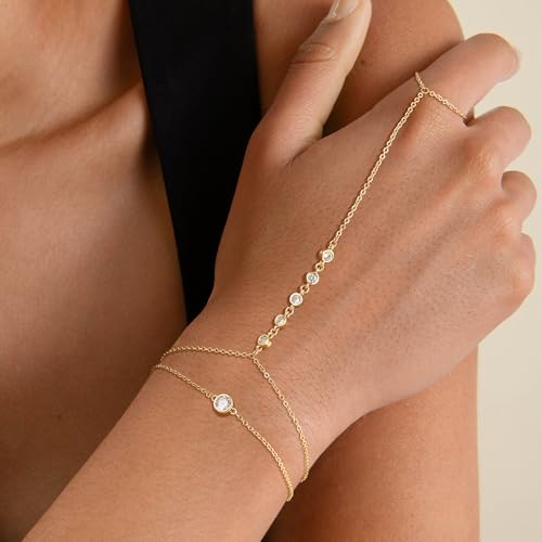 Risamil 14K Gold Plated Hand Chain Bracelets for Women Trendy, Dainty 2PCS Ring Bracelet Hand Chain Finger Bracelets Layered Stackable Link Bracelets for Women Jewelry Gifts for Women - color: 2Pcs-CZ-Gold
