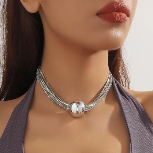 Chunky Chain Necklaces Women Statement Collar Necklace Gold Flat Snake Chain Choker Ribbed Design for Party, Dress Jewelry Gifts - color: B2:Silver Necklace