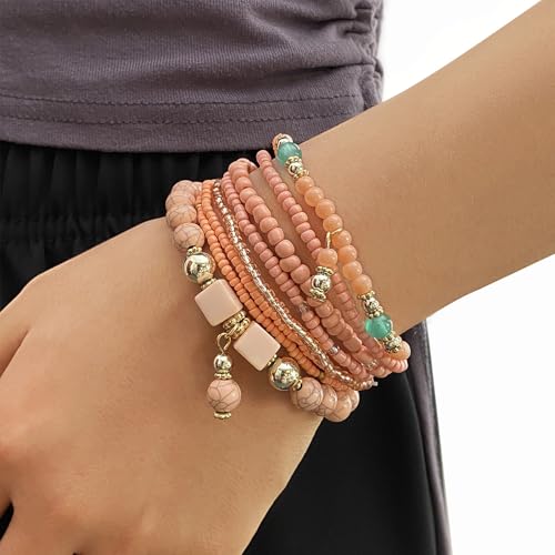 IFKM 8PCS Beaded Bracelets for Women, Multilayered Stackable Strand Stretch Bead Bracelet Pack Handmade Trendy Bohemian Charm Jewelry - color: Pink