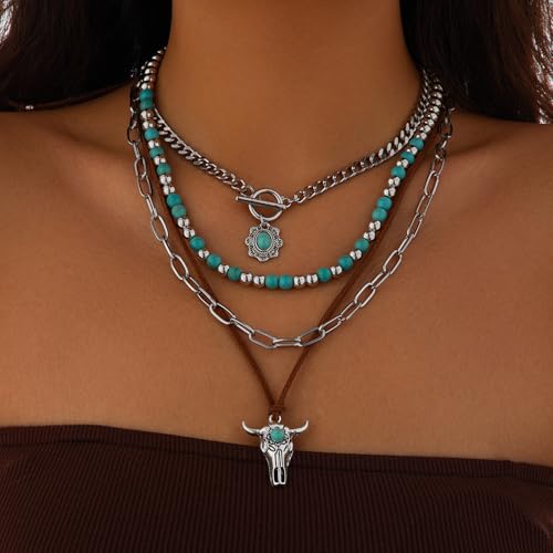 Gold Turquoise Beaded Necklace for Women Layered Bead Necklaces Vintage Turquoises Choker Necklace Boho Turquoises Jewelry Western Handmade Toggle Jewelry - color: Turquoise Necklace