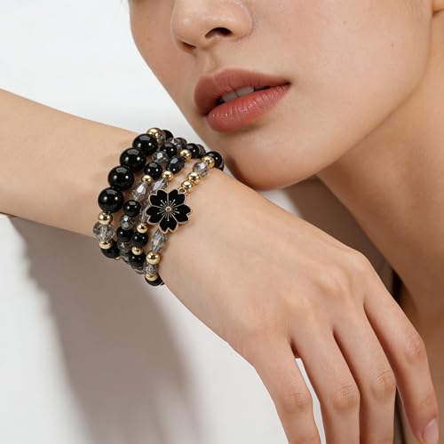 coadipress 5Pcs Bohemian Flower Stackable Bead Bracelets for Women Multilayer Crystal Glass Beaded Charm Bangles Bracelet Boho Summer Beach Hawaii Holiday Statement Jewelry - color: Black