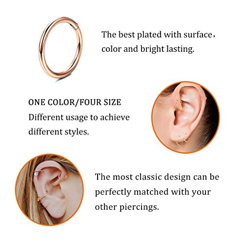 4Pcs 16G 18G 20G Surgical-Steel-Piercing-Ring-Nose-Rings-Hinged-Hoop-Earrings,6mm 8mm 10mm 12mm Seamless Stainless Steel Clicker Eyebrow Septum Piercing Hoop,Sliver Black Gold Rose Gold Rainbow Body Jewelry Set - color: 18G Rose Gold