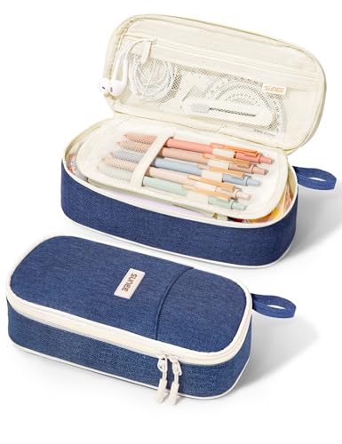 SUNEE Cute Pencil Case, Aesthetic Pen Pouch, Colored Large Pencil Bag with Zipper, Kawaii Stationery Storage and Organizer, School Supplies for Teen and Adult Girls, Navy Blue - color: Navy Blue
