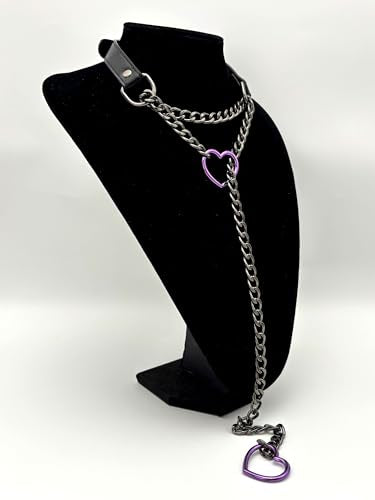 Black Leather Choker Collar For Women, Handmade Heart Slip Chain Choker Long Necklace with Adjustable Buckle - color: B-Black-Black-Purple, size: 24''chain