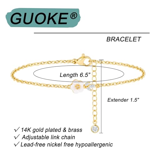 Gold Bracelets for Women 14K Gold Plated Flower/Clover/Butterfly/Heart Bracelet Adjustable Dainty Hypoallergenic Jewelry Gift - color: flower&diamond gold