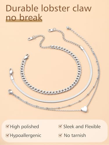 FindChic Black/Silver/Gold Plated Anklets Set of 2PCS/3PCS Herringbone Chain Cuban Link Heart Charm Sparkling Tennis Ankle Bracelets, Waterproof Summer Foot Jewelry for Beach - color: 01. Silver-3PCS Cuban & Herringbone & Beaded Heart