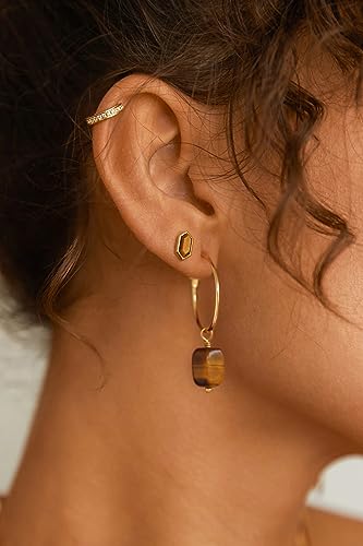 Gold Plated Huggie Hoop Earrings with Charms Fashion Pearl Drop Dangle Earrings for Women Handmade Karma Circle Jewelry for Ladies Lightweight Pearl Earrings on Christmas - color: Tiger Eye