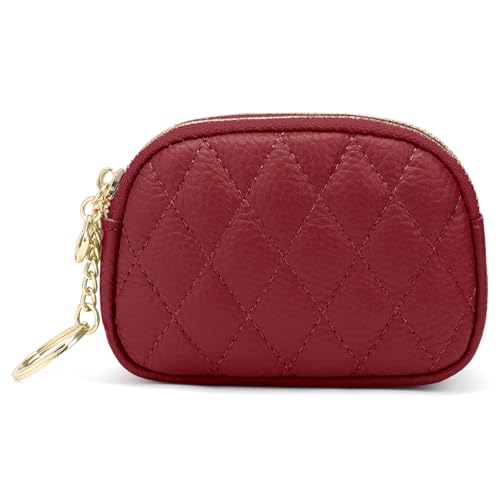 SENDEFN Women's Coin Purse Genuine Leather Wallet Small 2 Zippers Change Pouch Purse with Keychain Ring - color: 2-Red