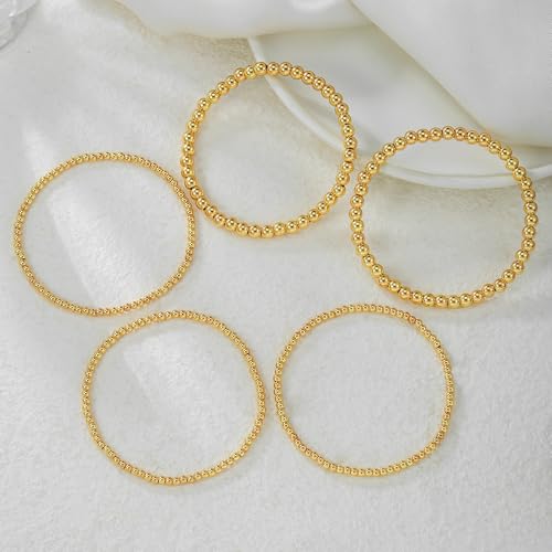Gold Bracelets for Women 14K Gold Plated Beaded Non Tarnish Bracelets Stretch Bead Ball Bracelet Stack Set Jewelry for Gifts - color: E SET 5PC