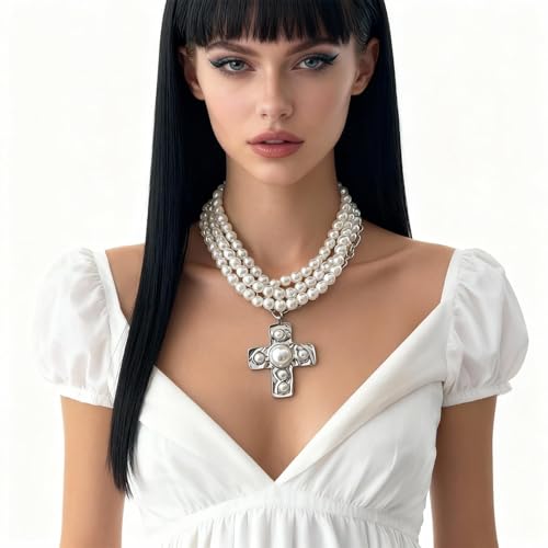Chunky Cross Necklace for Women Chunky Gold Necklace Statement Cross Pendant Vintage Toggle Clasp Necklace Jewelry for Women - color: G2-Silver Cross Necklace