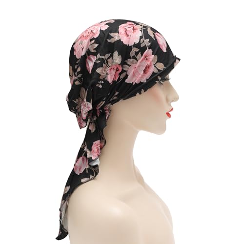 ZLYC Chemo Headwear Pre Tied Head Scarf Headwraps Lightweight Turban Beanie Cap for Women - color: Carnation Black