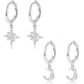 MILACOLATO 925 Sterling Silver Hoop Earrings for Women 18K Gold/Rhodium Plated Drop Dangle Hoop Earrings with Charms Cross Spike Moon Star Paperclip Link Statement Earrings Convertible Link Huggie Earrings Hypoallergenic - color: Silver Tone : 1Pairs CZ S