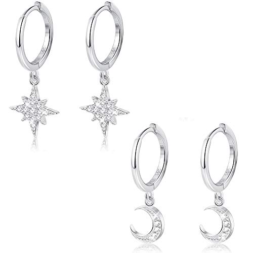 MILACOLATO 925 Sterling Silver Hoop Earrings for Women 18K Gold/Rhodium Plated Drop Dangle Hoop Earrings with Charms Cross Spike Moon Star Paperclip Link Statement Earrings Convertible Link Huggie Earrings Hypoallergenic - color: Silver Tone : 1Pairs CZ S