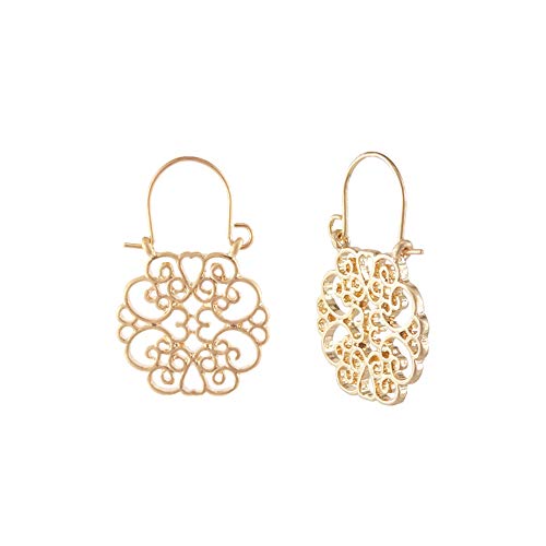 Bohemian Boho Filigree Hoop Earrings for Women – Intricate & Delicate Cutout Design Details – Tribal Floral Gypsy Lightweight Geometric Metallic Statement Earrings - style: Mini Clover - Gold
