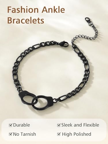 FindChic Stainless Steel Ankle Bracelets for Women, Waterproof Figaro/Cuban/Box/Beaded Chain Anklets, Summer Beach Foot Jewelry, 8.5''-10.5'' Adjustable Length, with Gift Box - style: HankCuff-Black