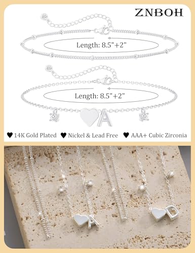 Silver Ankle Bracelets For Women 14k Gold Plated Initial Anklets For Women Waterproof Non Tarnish Dainty Layered CZ Letter A-Z Heart Charm Anklet Set Summer Beach Foot Chain Jewelry Gift - color: Silver
